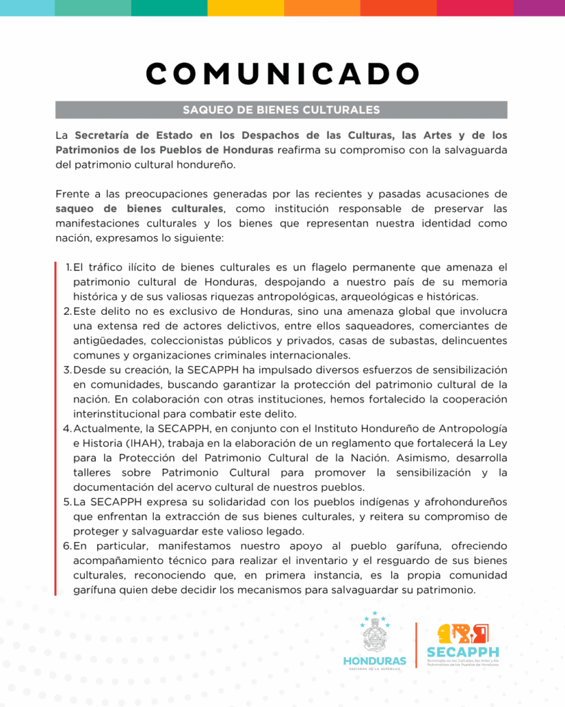 Comunicado Saqueo de Bienes Culturales