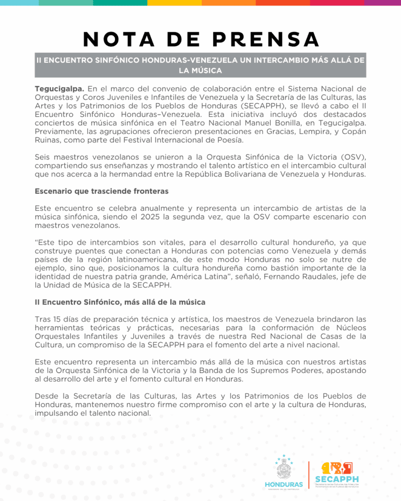 Nota de Prensa - 2do encuentro sinfónico Honduras-Venezuela un intercambio mas allá de la música