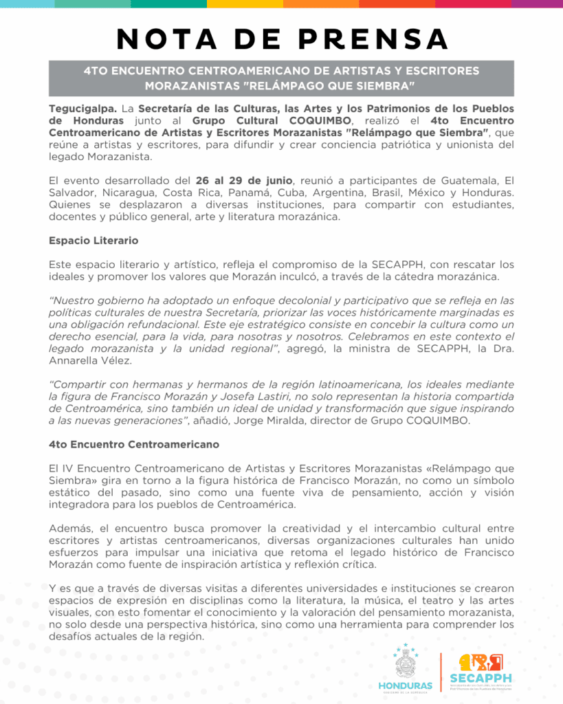 Nota de Prensa - 4to encuentro centroamericano de artistas y escritores morazanistas -Relámpago que siembra