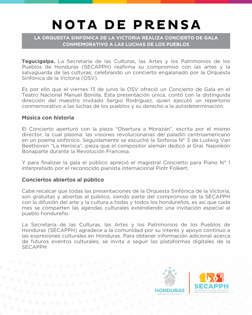 Nota de Prensa - La orquesta sinfónica de la Victoria realiza conciertos de gala conmemorativo a las luchas de los pueblos