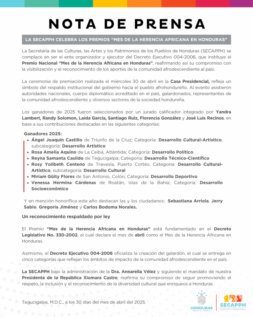 Nota de Prensa - SECAPPH celebra los premios Mes de la herencia africana en Honduras