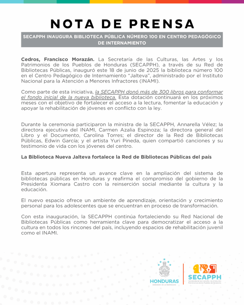 Nota de Prensa - SECAPPH inaugura biblioteca publica numero 100 en centro pedagógico de internamiento
